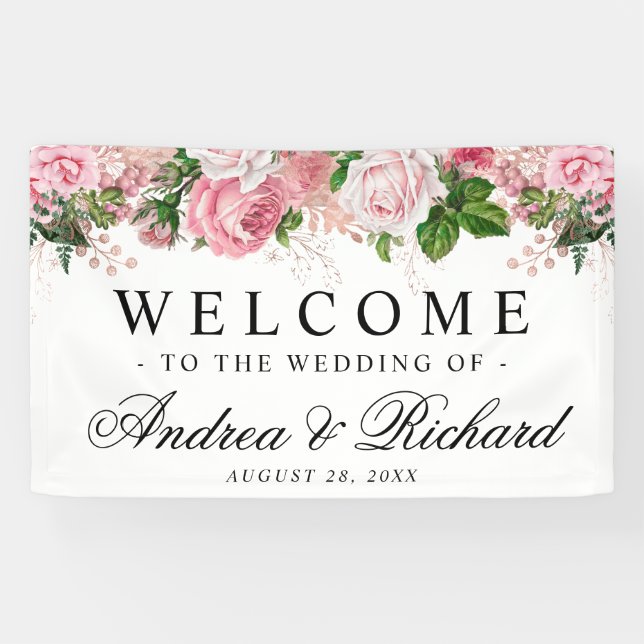 Lona Banner Boda de bienvenida elegante con flores rosa (Horizontal)