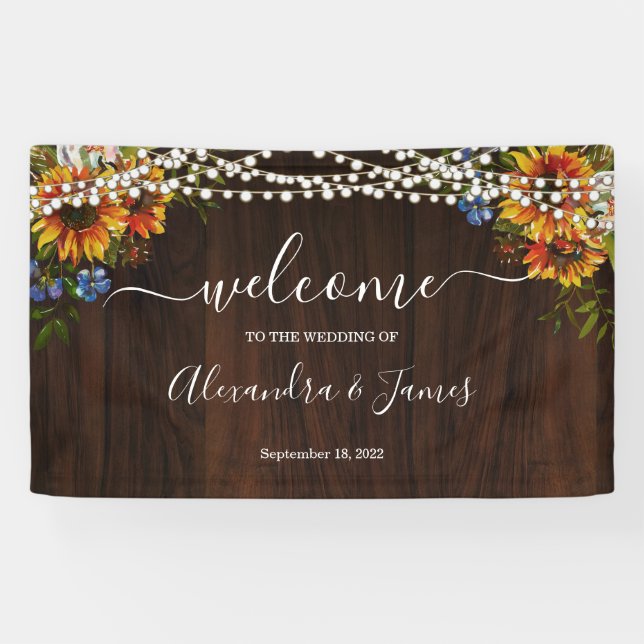 Lona Banner Boda de cuerda de girasol de madera rústica (Horizontal)