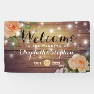 Lona Banner Boda de Rustic Wood Floral String Lights