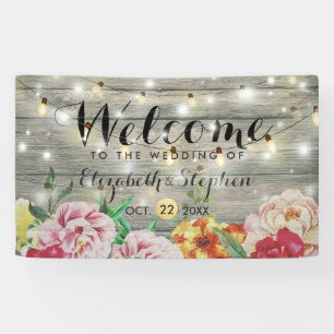 Lona Banner Boda de Rustic Wood Floral String Lights