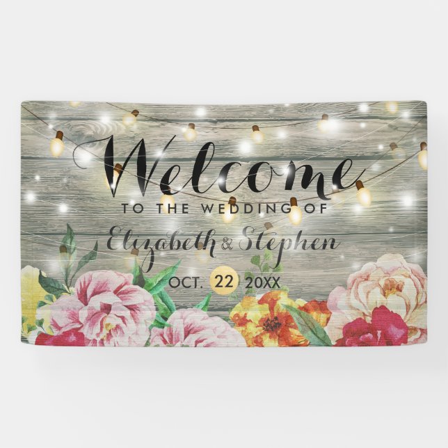 Lona Banner Boda de Rustic Wood Floral String Lights (Horizontal)