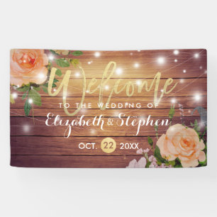 Lona Banner Boda de Rustic Wood Floral String Lights