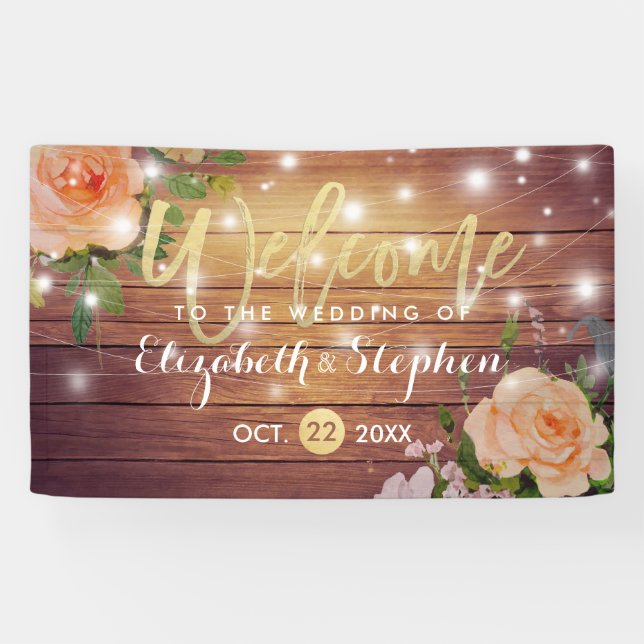 Lona Banner Boda de Rustic Wood Floral String Lights (Horizontal)
