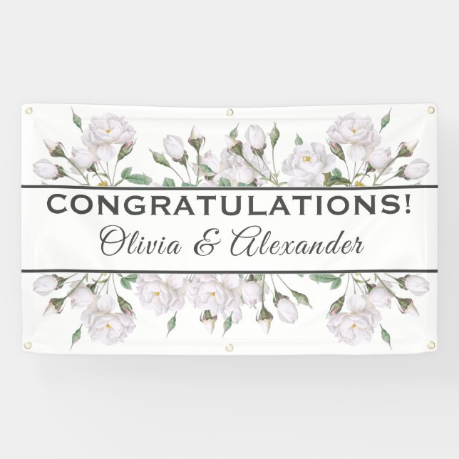 Lona Banner Boda floral elegante de rosas blancas (Horizontal)