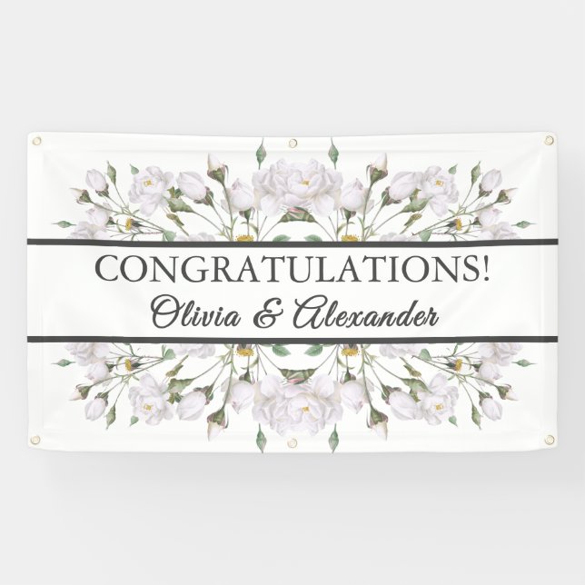 Lona Banner Boda floral elegante de rosas blancas (Horizontal)
