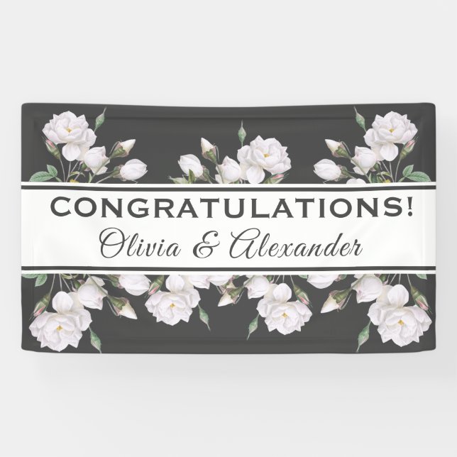 Lona Banner Boda floral elegante de rosas blancas (Horizontal)