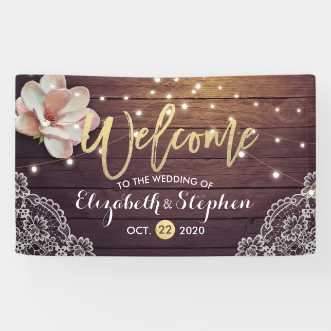 Lona Banner boda Floral String Light Madera Decoración  (Horizontal)
