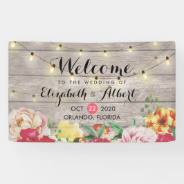 Lona Banner boda Flores String ilumina madera rústica