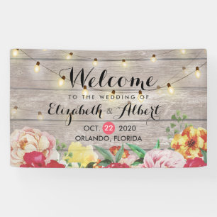 Lona Banner boda Flores String ilumina madera rústica