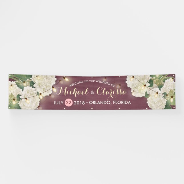 Lona Banner boda Hydrangea Flores String Luces Red (Horizontal)