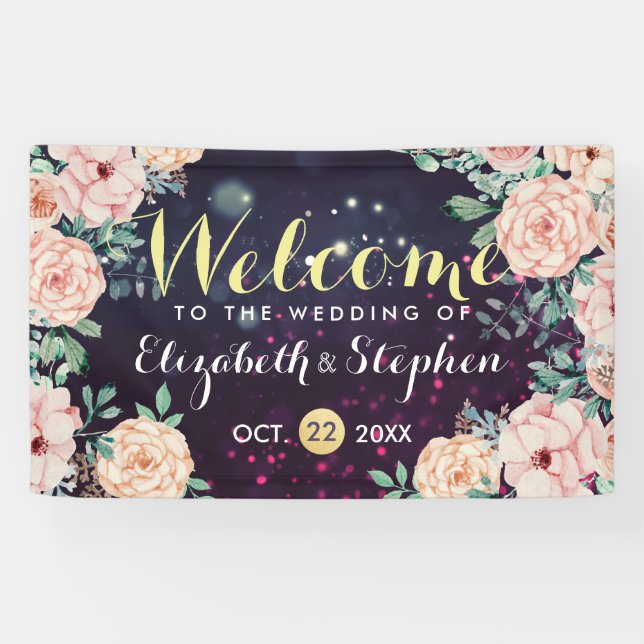 Lona Banner boda Moderno Floral Purple Sparkle Luces (Horizontal)