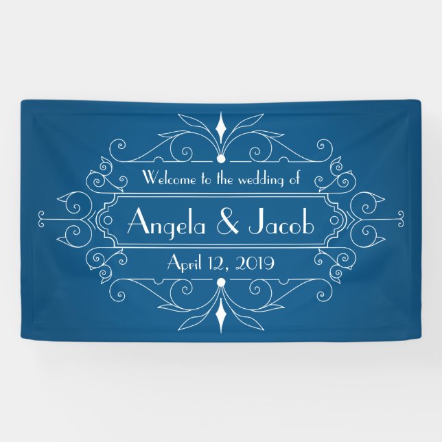 Lona Banner Boda personalizado azul marino vintage (Horizontal)