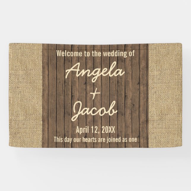 Lona Banner Boda personalizado Rústico Burlap Wood (Horizontal)