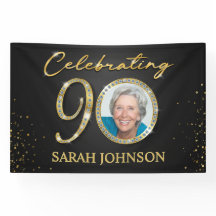 Banner Cumpleaños 90, Foto Personalizada Negro Oro