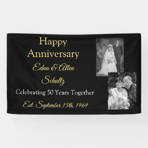 Lona Banner de Aniversario Feliz de Oro y Negro