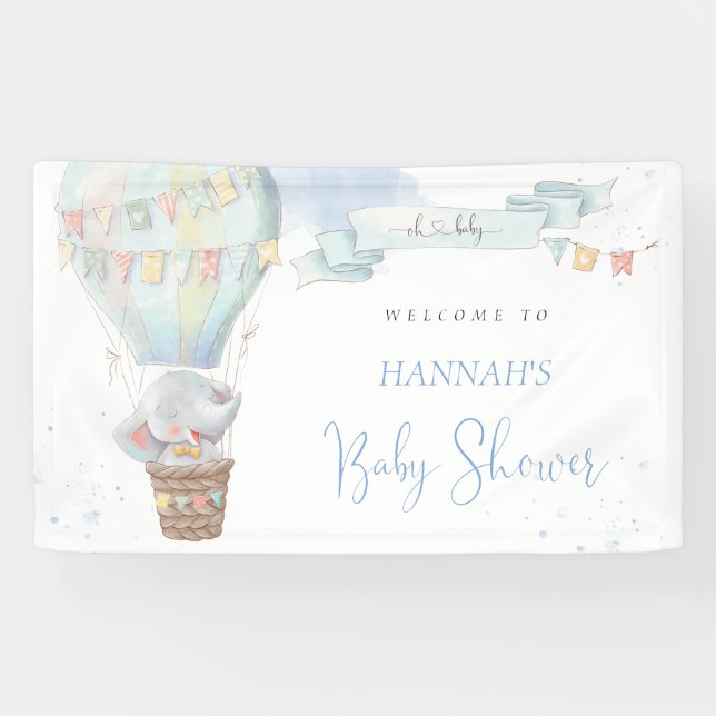 Lona Banner de Baby Shower azul Cute Elephant Boy (Horizontal)