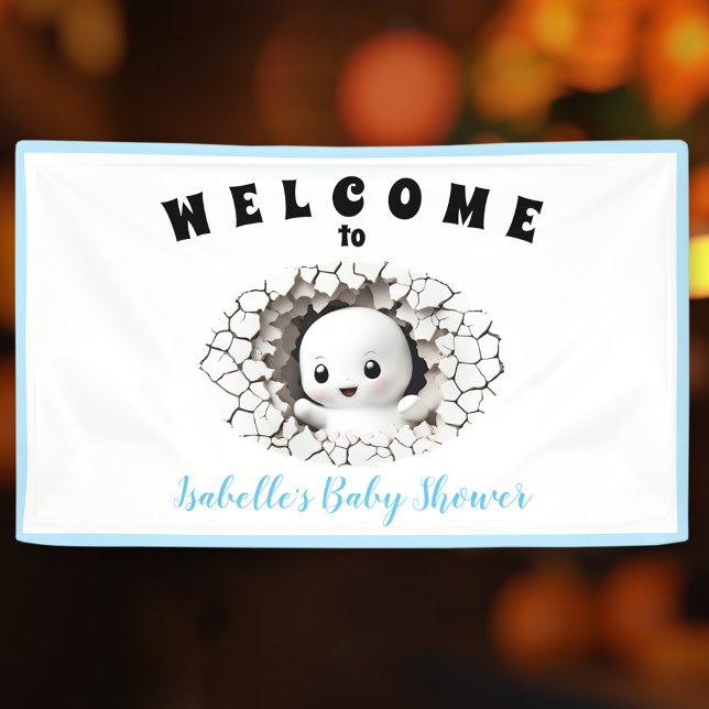Lona Banner de Baby Shower azul de Little Boo Ghost Hal (Little Boo Ghost Halloween Blue Baby Shower Banner)