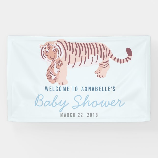 Lona Banner de Baby Shower Blue Mom Tiger & Cub (Horizontal)