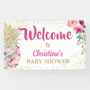 Lona Banner de Baby Shower color rosa dorado piña