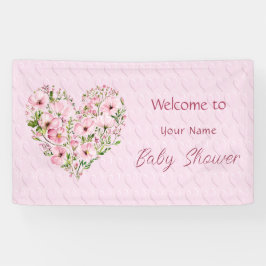 Lona Banner de Baby Shower con flores de corazón rosado