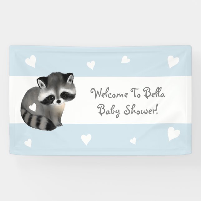 Lona Banner de Baby Shower de Blue Heart Raccoon (Horizontal)