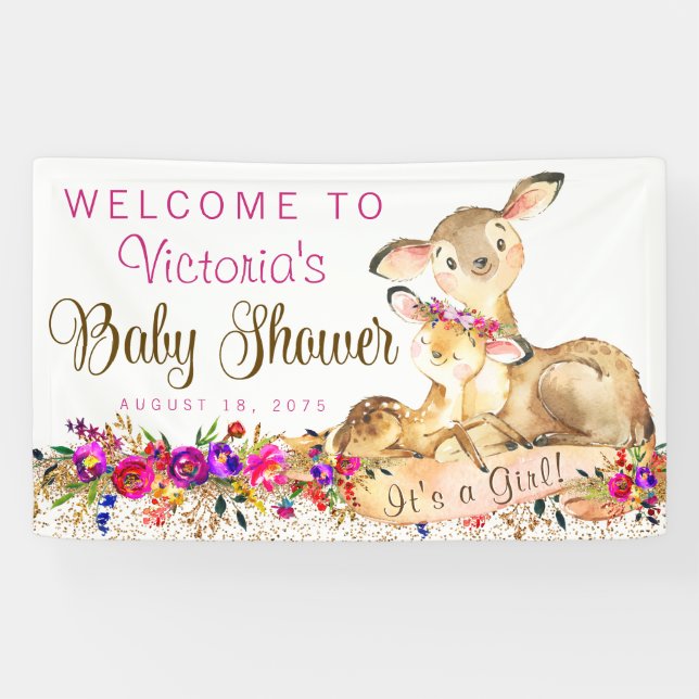 Lona Banner de Baby Shower de chica Woodland Deer (Horizontal)