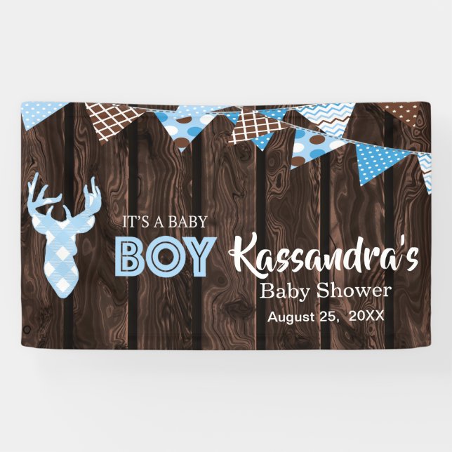 Lona Banner de Baby Shower de ciervos Rustic Blue Plaid (Horizontal)
