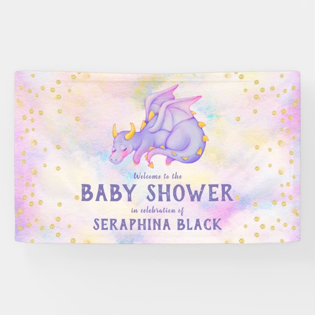 Lona Banner de Baby Shower de Cute Purple Dragon (Horizontal)