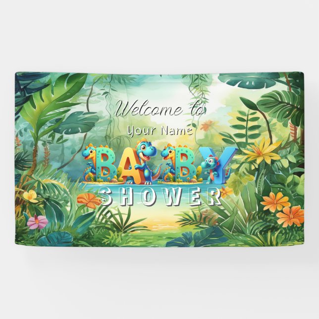 Lona Banner de Baby Shower de Dinosaurio Cute (Horizontal)