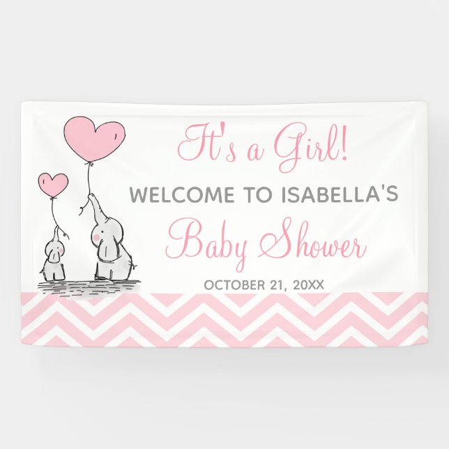Lona Banner de Baby Shower de Elephant Rosa Chevron Gir (Horizontal)