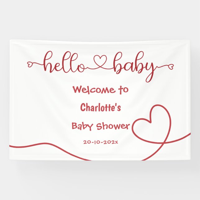 Lona Banner de Baby Shower de Hello Baby Red Heart Mini (Horizontal)