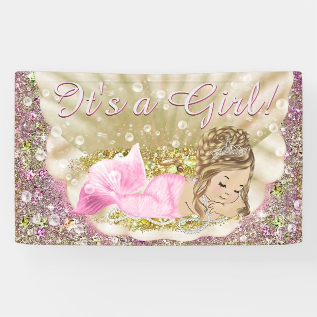 Lona Banner de Baby Shower de la sirena dorada rosada (Horizontal)