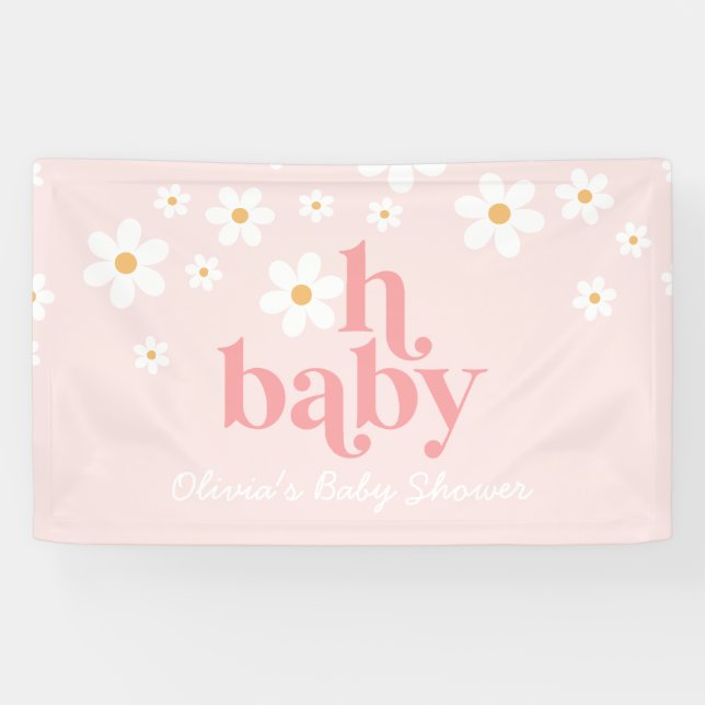 Lona Banner de Baby Shower de Retro Daisy Pink Boho (Horizontal)