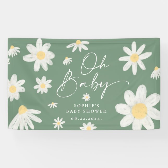 Lona Banner de Baby Shower de Sage Green Boho Daisy Flo (Horizontal)