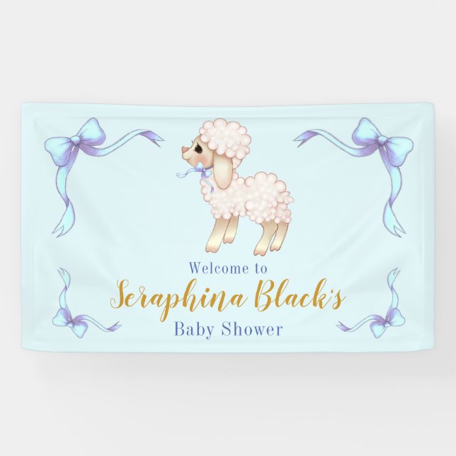Lona Banner de Baby Shower de Sweet Blue Boy Lamb (Horizontal)