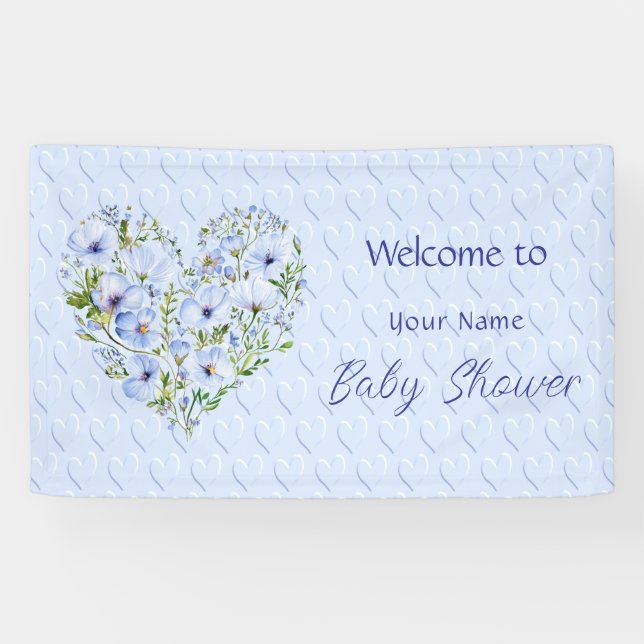 Lona Banner de Baby Shower Floral Blue Heart (Horizontal)