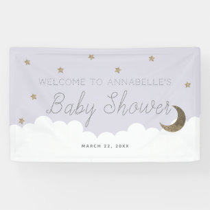 Lona Banner de Baby Shower Gold Stars & Moon Lilac