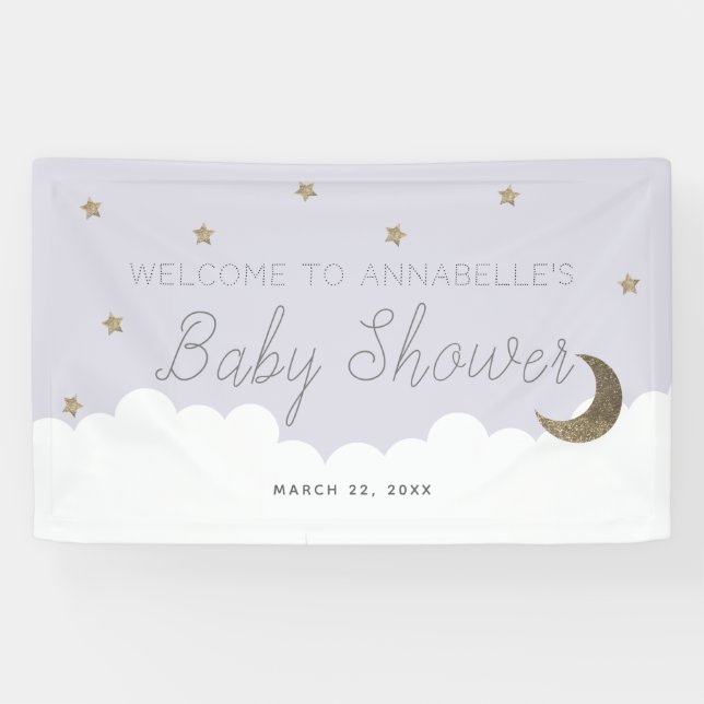 Lona Banner de Baby Shower Gold Stars & Moon Lilac (Horizontal)