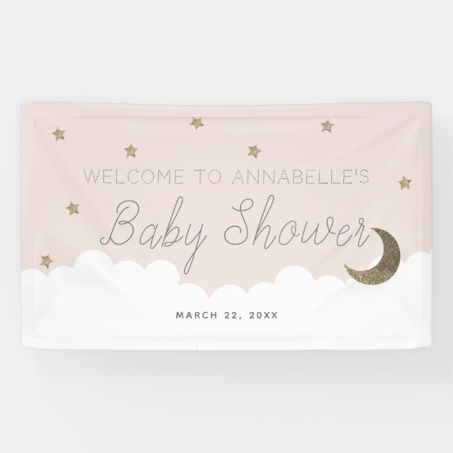 Lona Banner de Baby Shower Gold Stars & Moon Pink (Horizontal)