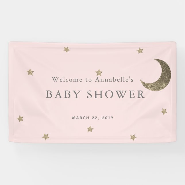 Lona Banner de Baby Shower Gold Stars & Moon Pink (Horizontal)