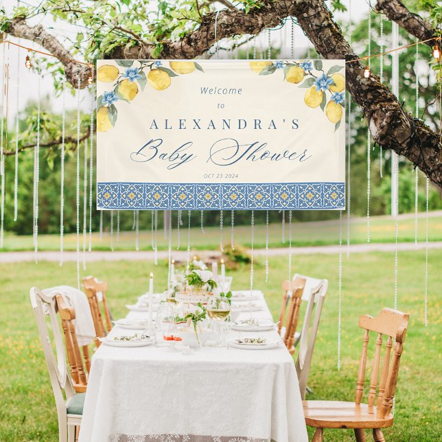 Lona Banner de Baby Shower italiano con azulejos azules (Lemon Blue Tiles Italian Baby Shower Banner)