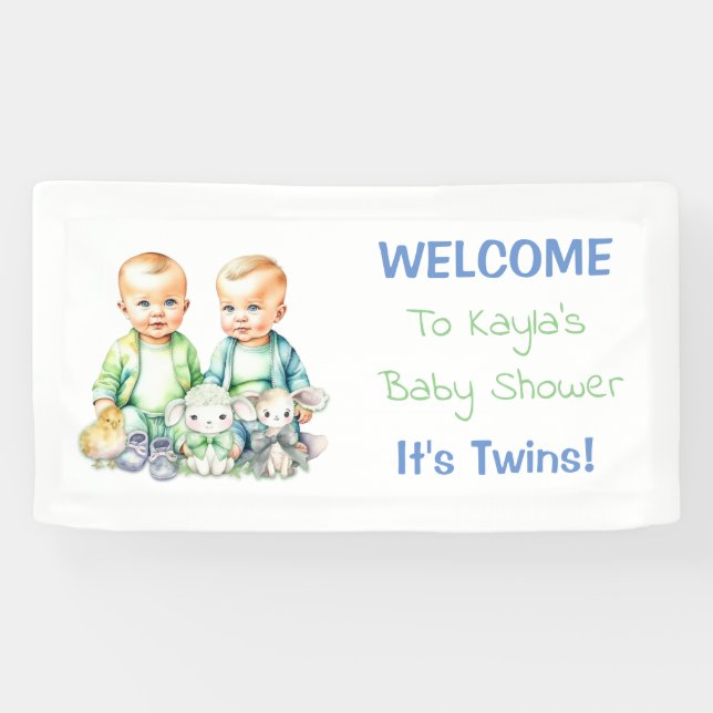 Lona Banner de Baby Shower para niños gemelos azul y ve (Horizontal)