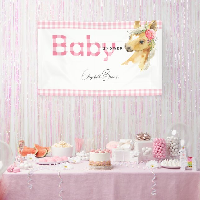 Lona Banner de Baby Shower Pink Gingham Horse (Fiesta)
