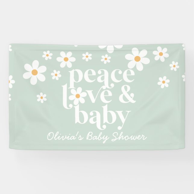 Lona Banner de Baby Shower Retro Daisy Boho Peace Love (Horizontal)