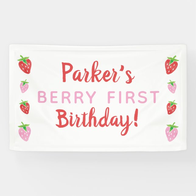 Lona Banner de Berry First Birday Strawberry Red Pink (Horizontal)