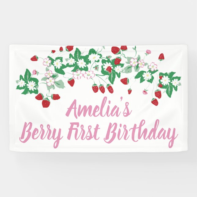 Lona Banner de Berry First Birthday (Horizontal)