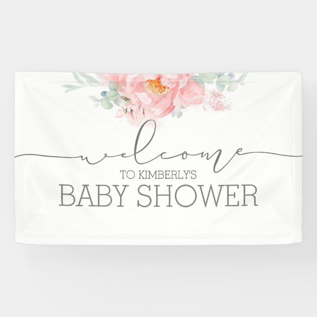 Lona Banner de bienvenida Baby Shower de flor rosa suav (Horizontal)