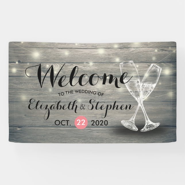 Lona Banner de bienvenida boda Champagne Glass Wood Lig (Horizontal)