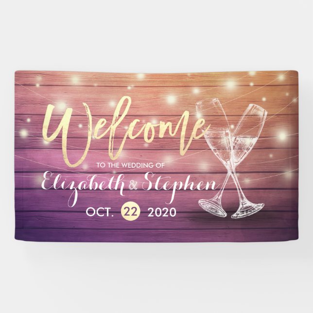 Lona Banner de bienvenida boda Champagne Glass Wood Lig (Horizontal)