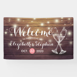 Lona Banner de bienvenida boda Champagne Glass Wood Lig